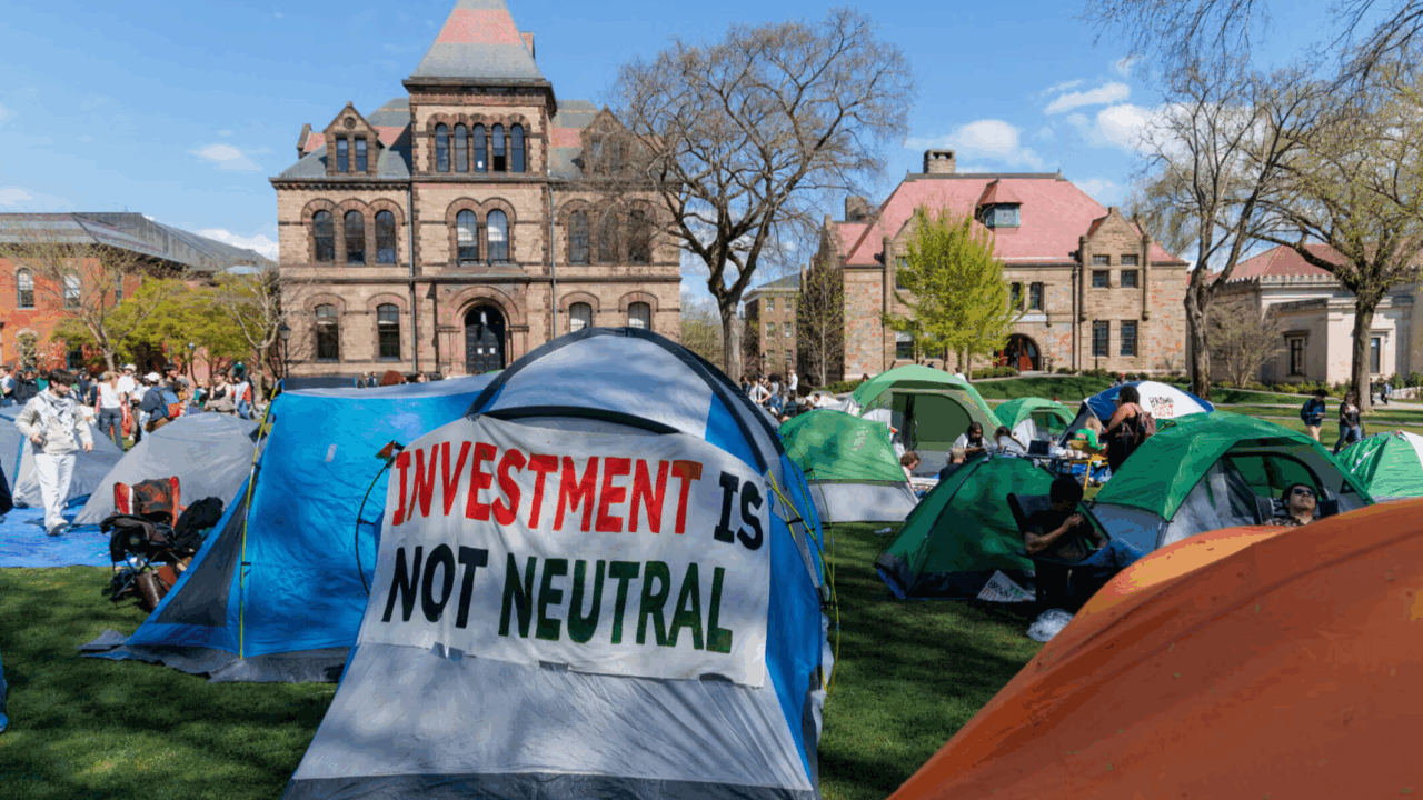 College campus with protest signs