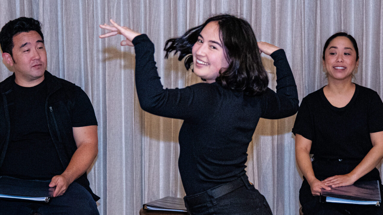 (From left) Actors Kenzo Lee, Lillian Mimi McKenzie and Kaitlyn Tanimoto in “What Do I Do With All This Heritage?” produced by The Braid and the Lunar Collective in May 2024. (David Chiu)
