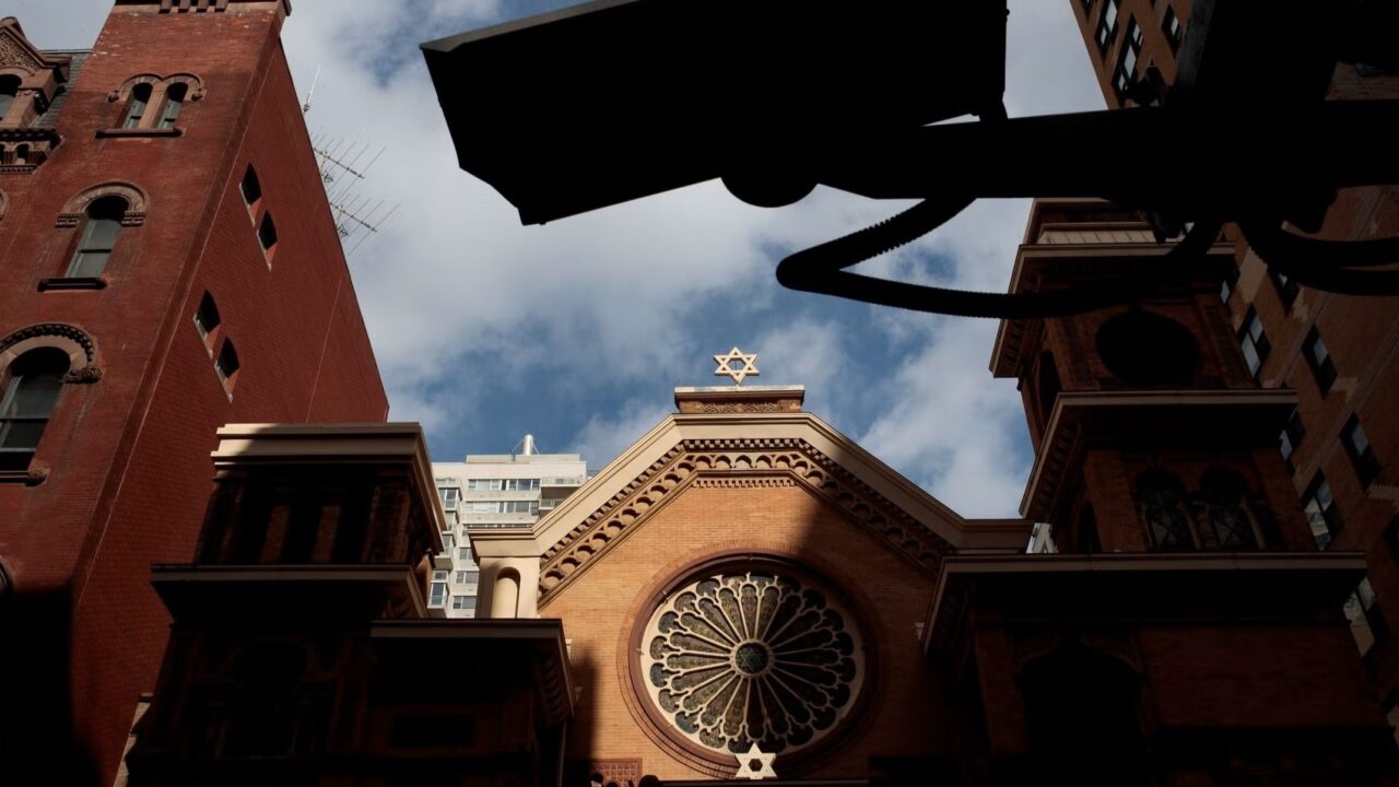 A security camera hangs across the street from the Park East Synagogue in New York City. Jewish institutions continue to tighten security amid threats. (Drew Angerer/Getty Images)