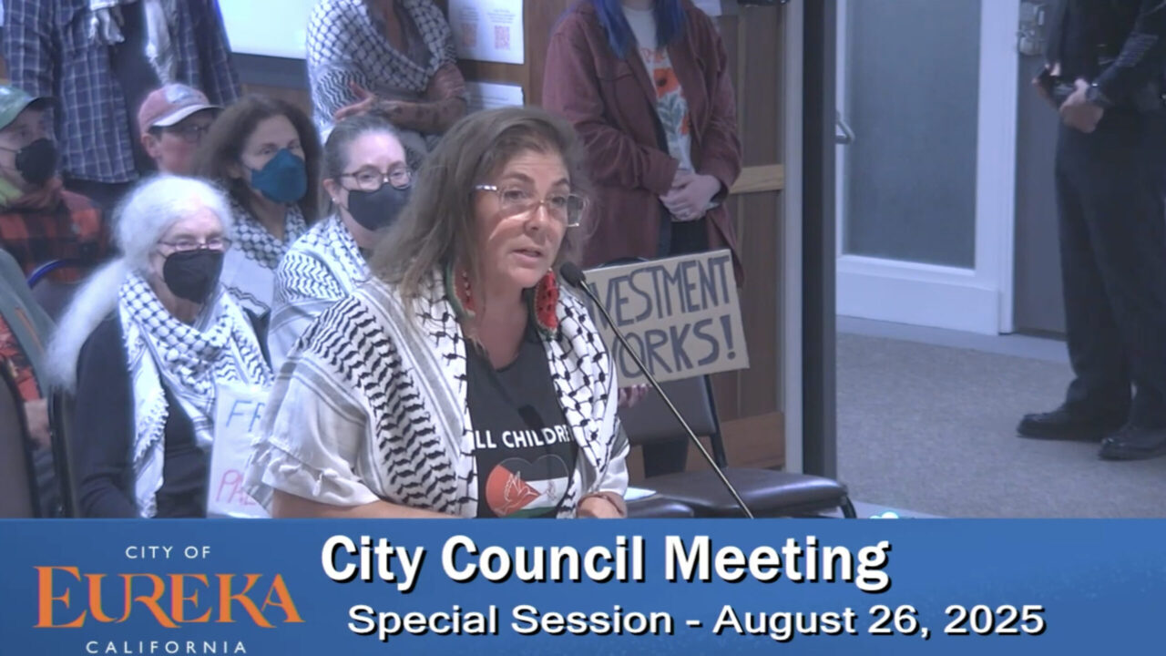 A woman speaks in support of sending a letter to the California Public Employees’ Retirement System to request that it divest from assets and companies supporting Israel. (Screenshot via YouTube/Access Humboldt)