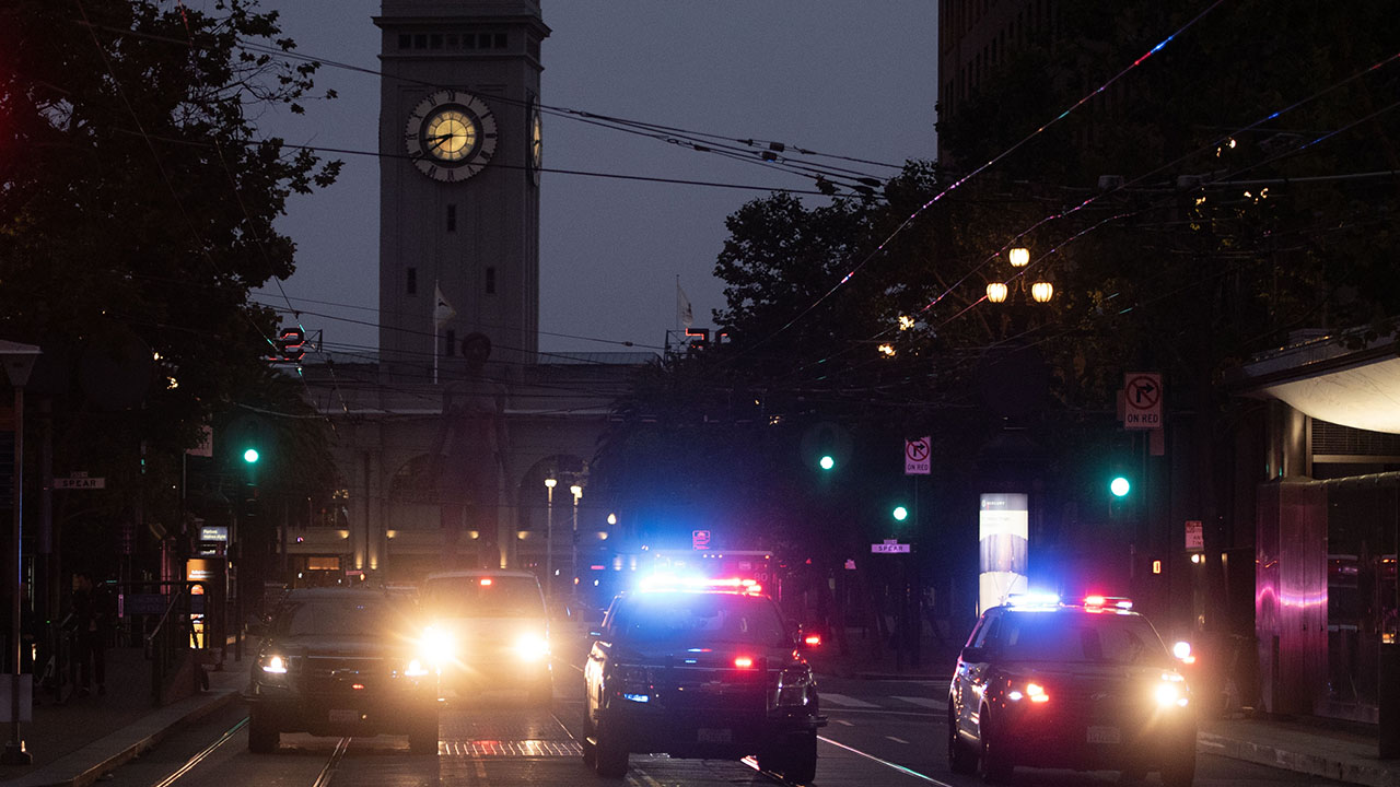 San Francisco Police vehicles block the Embarcadero during a protest against Immigration and Customs Enforcement in San Francisco, on June 8, 2025. The protest was called after President Donald Trump mobilized 2000 members of the California National Guard to quell protests in Los Angeles. (Aaron Levy-Wolins/J. Staff)