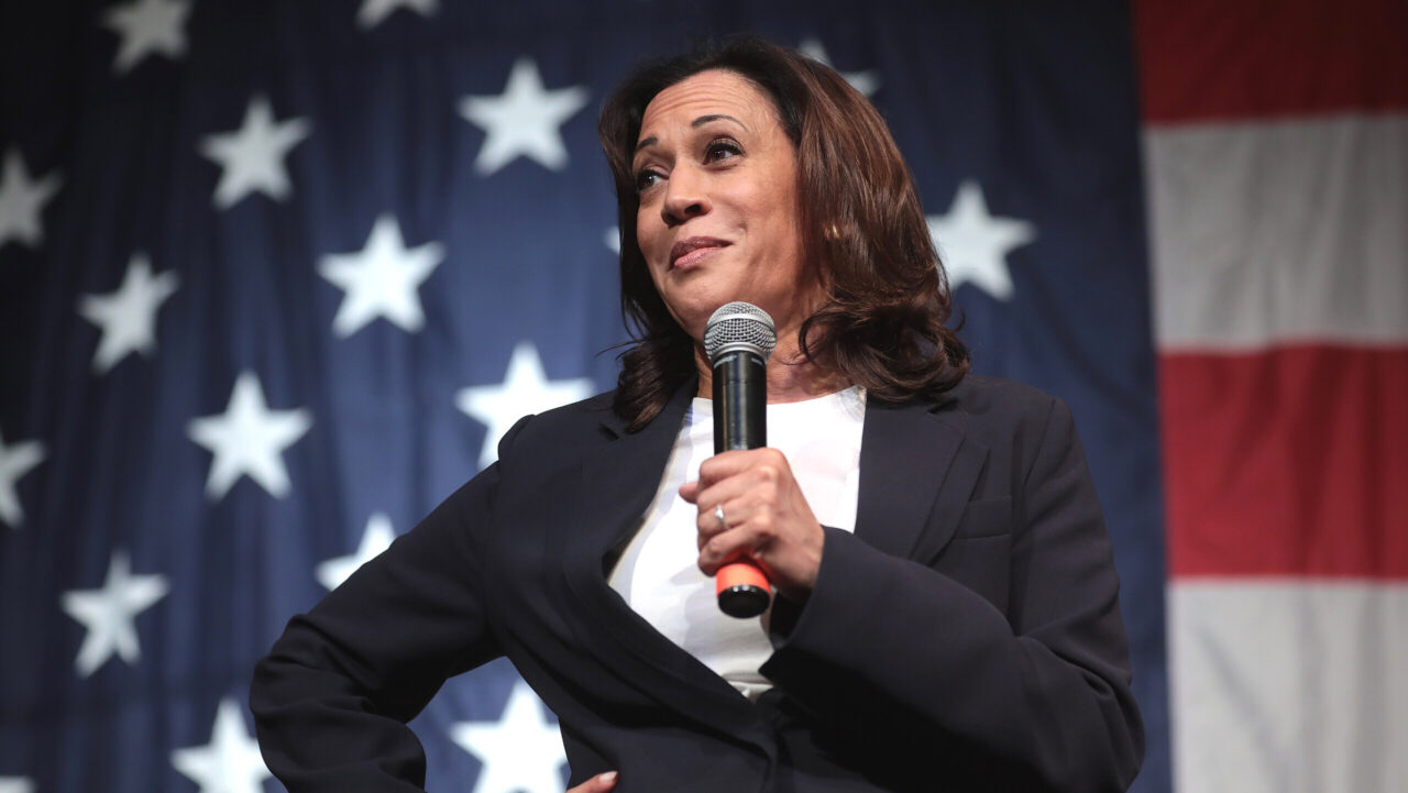 Kamala Harris speaks onstage