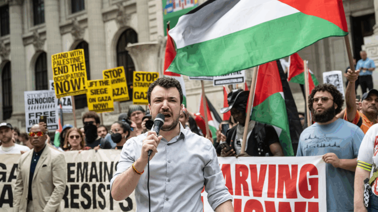 Mahmoud Khalil speaking at a protest