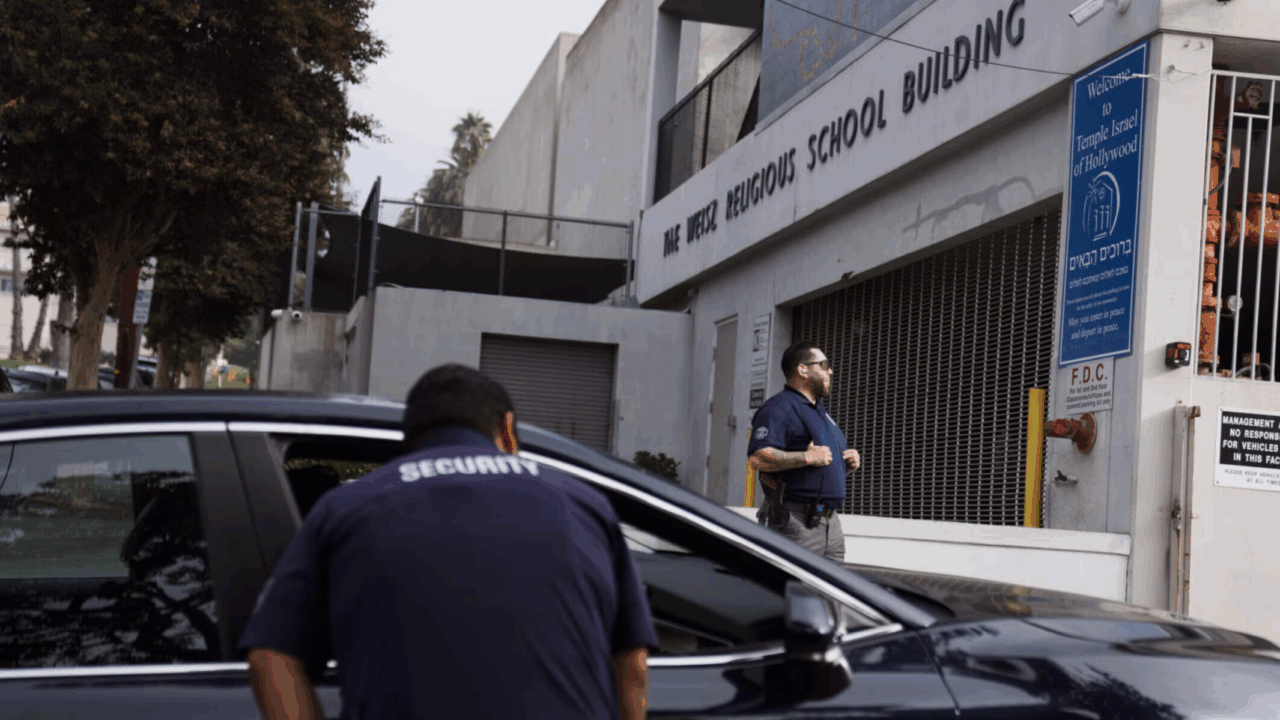 Security guards in front of a synagogue