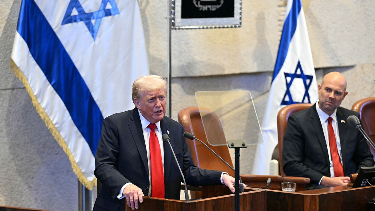 U.S. President Donald Trump addresses the Knesset, Oct. 13 in Jerusalem, hours after Hamas released the remaining Israeli hostages captured on Oct. 7, 2023, part of a US-brokered ceasefire deal to end the war in Gaza. (Saul Loeb - Pool/Getty Images)