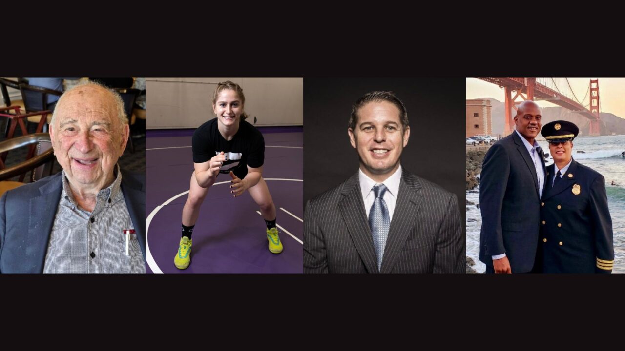 The Northern California Jewish Sports Hall of Fame “class of 2025" from left, Hon. Quentin Kopp, Amit Elor, Roxy Bernstein, Dennis Brown and Erica Arteseros. (Courtesy NCJSHOF)
