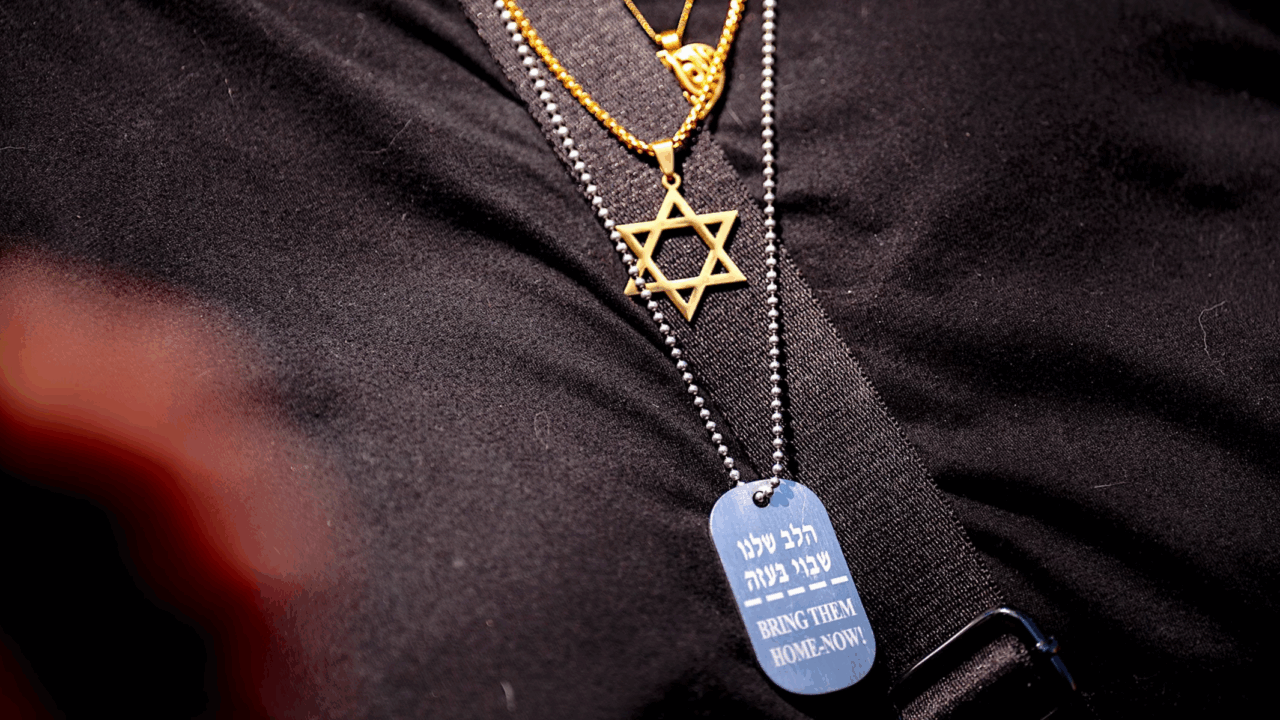 Star of David and a necklace remembering the Israeli hostages