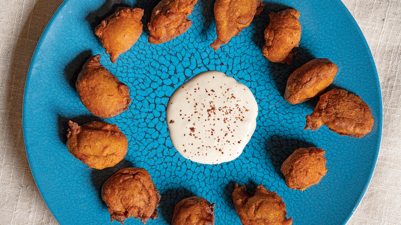 Pumpkin fritters with tahini sauce. (Aaron Levy-Wolins/J. Staff)