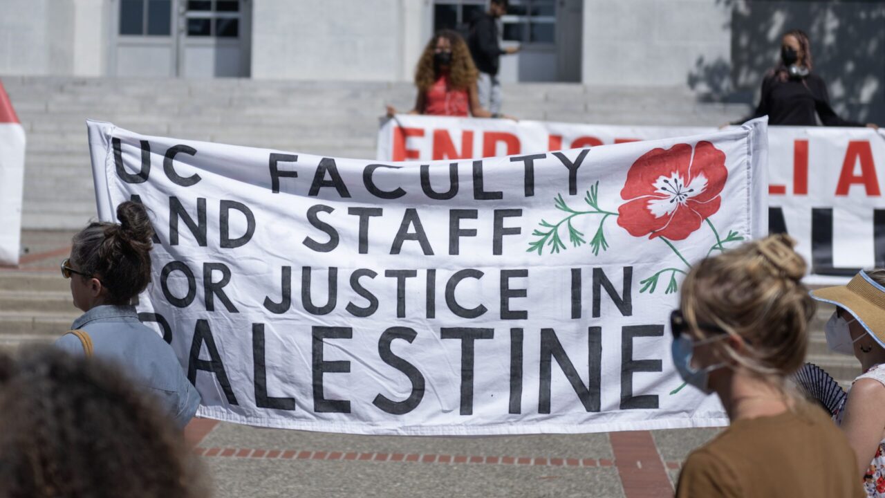 Demonstrators hold a FSJP banner during a protest at UC Berkeley in August 2024. (Aaron Levy-Wolins/J. Staff)