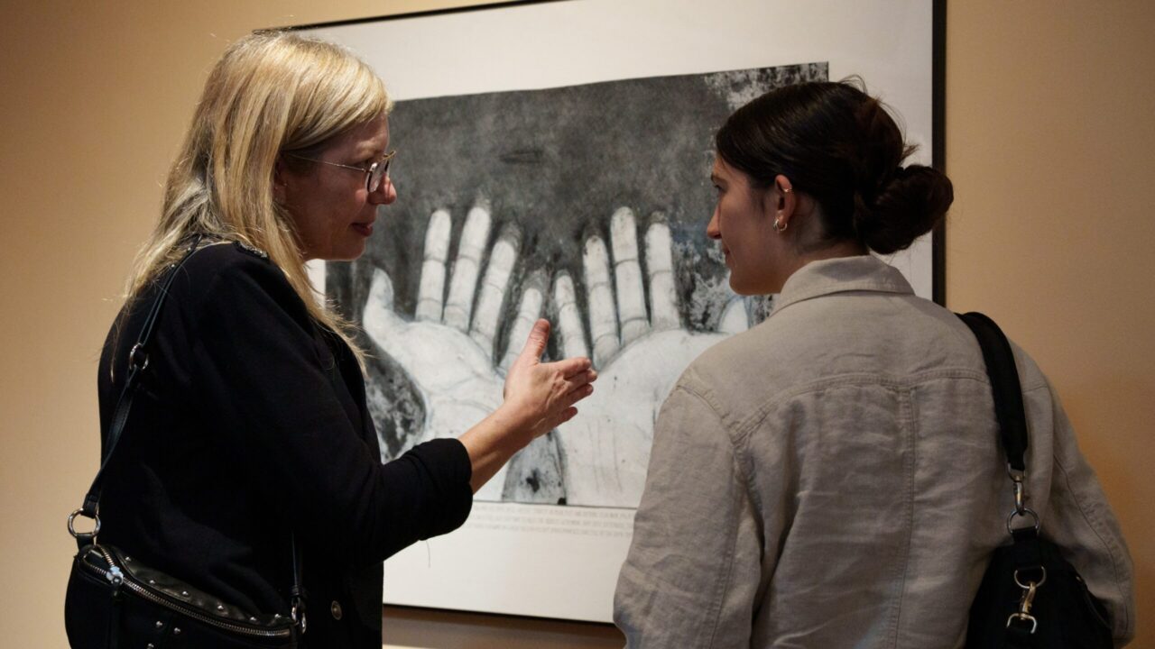 Artist Ronit Shalem (left) with her artwork “I am CHANGE.” (Hillary Goidell)