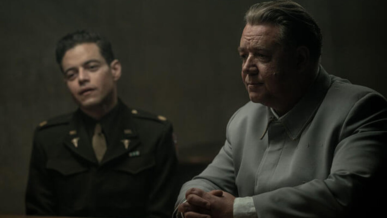 Rami Malek as Douglass Kelley and Russell Crowe as Hermann Goering. (Courtesy of Sony Pictures Classics)