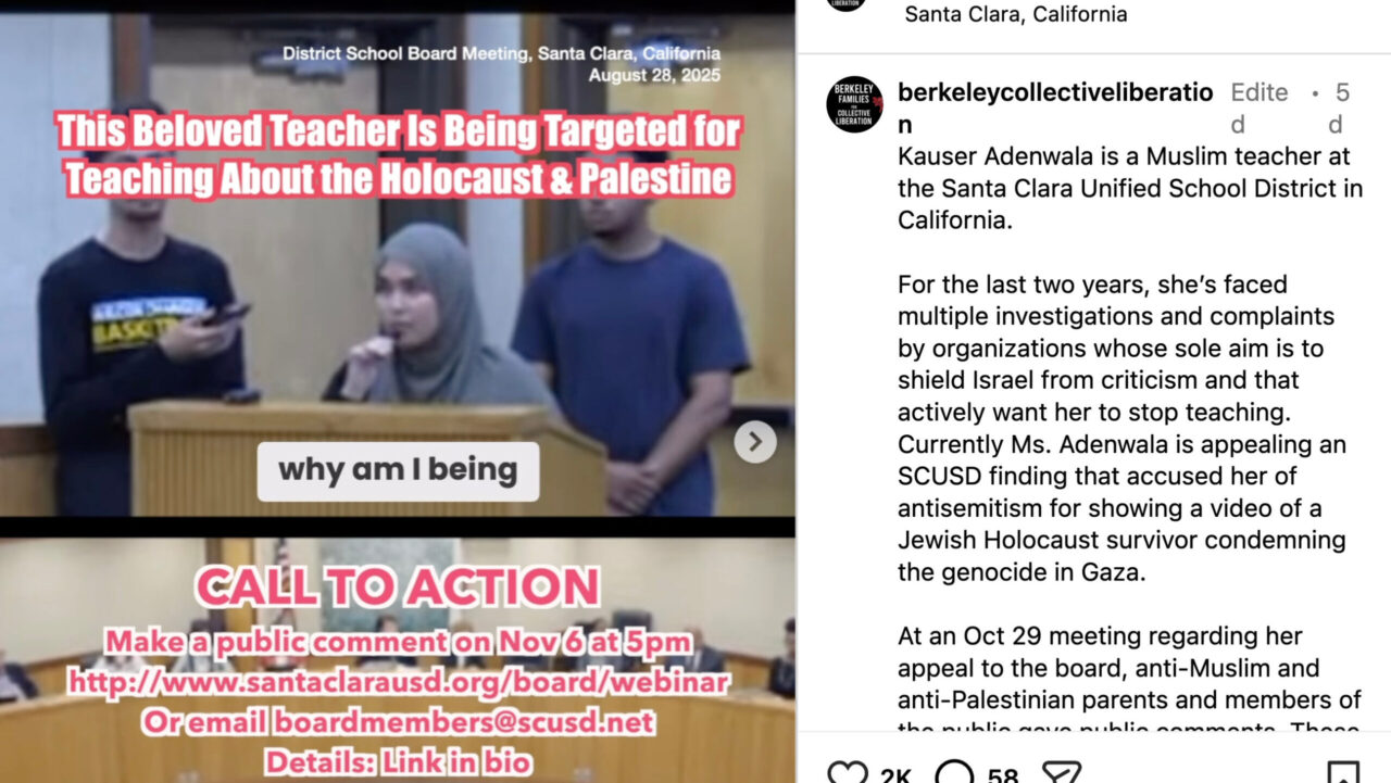 teacher with head covered speaking in microphone at school meeting
