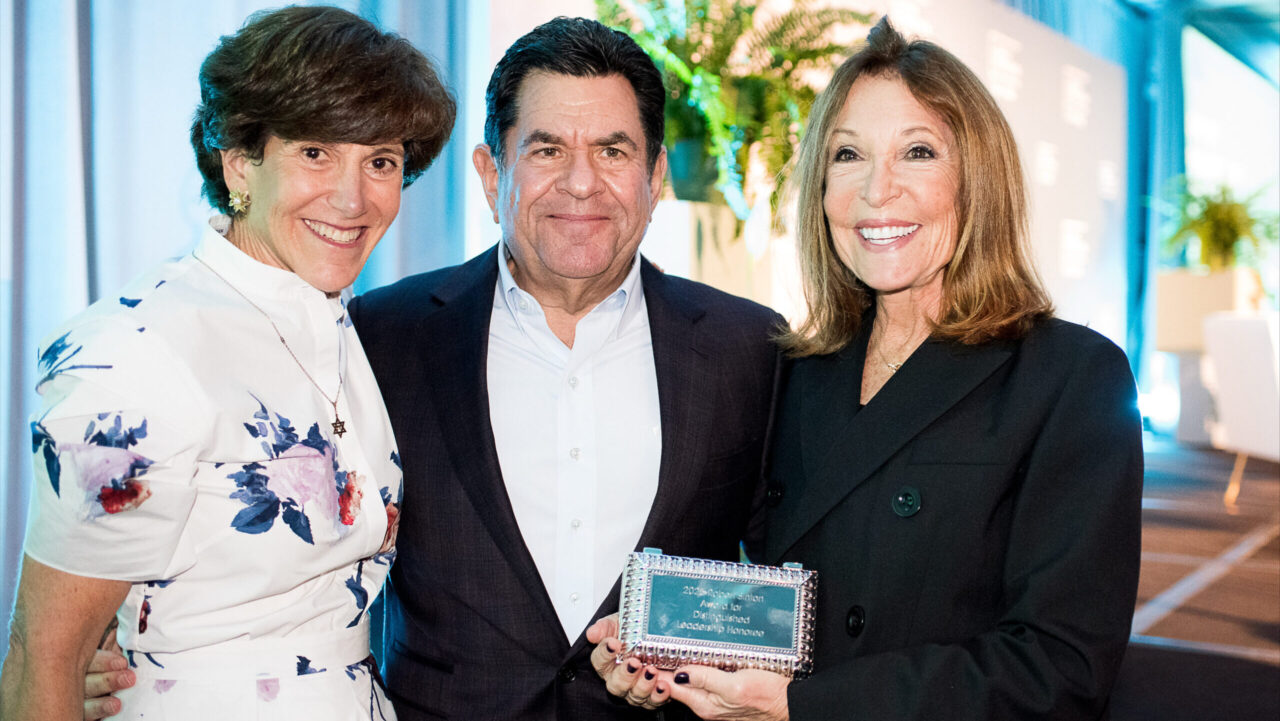 Celebrating at the Jewish Federation Bay Area’s Day of Philanthropy, an annual event focused on Jewish giving, are (from right) Nancy Grand, the Robert Sinton Award for Distinguished Leadership winner; John Pritzker, last year’s Sinton winner; and Federation board president Laura Lauder. The event was held Nov. 20 in San Francisco. (Courtesy)