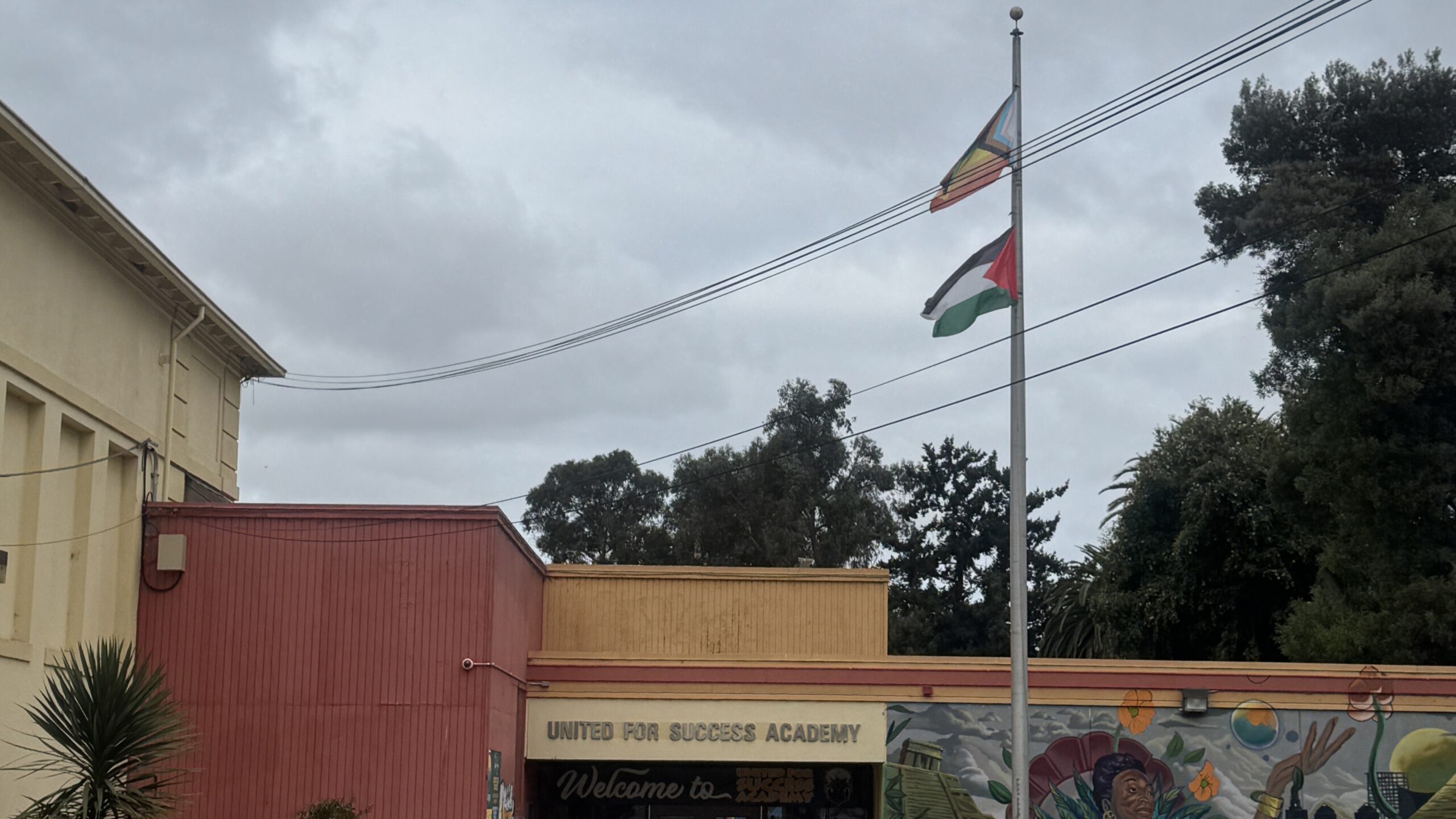 A Dec. 12 OUSD report responded to 16 incidents, including the raising of a Palestinian flag  under a Pride Progress flag at United for Success Academy middle school on Oct. 3, 2025. (Courtesy Oakland Jewish Alliance)