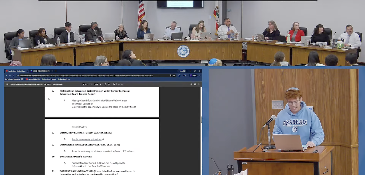 Branham High School senior Cormac Nolan addresses the Campbell Union High School District board on Dec. 11. (Screenshot)