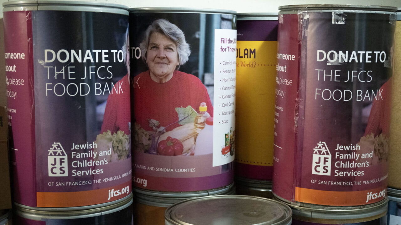 Food donation barrels at the Jewish Family and Children's Services food bank in San Francisco last year. (Aaron Levy-Wolins/J. Staff)