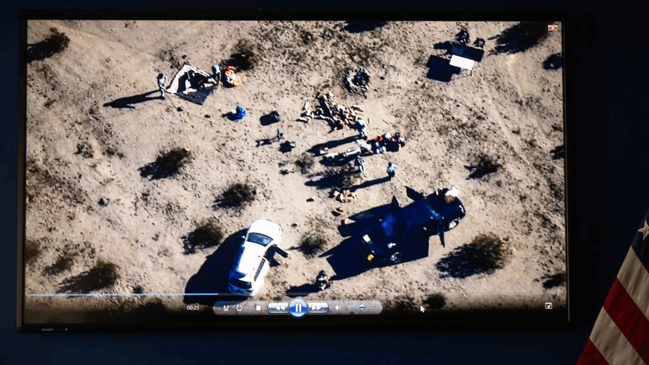 The FBI released a video they say of people in the desert preparing to test explosives as they announce the arrest of alleged members of an extremist group that are suspected of planning bombing attacks in Southern California on New Year's Eve in Los Angeles on Monday, December 15, 2025. (Sarah Reingewirtz/MediaNews Group/Los Angeles Daily News via Getty Images)