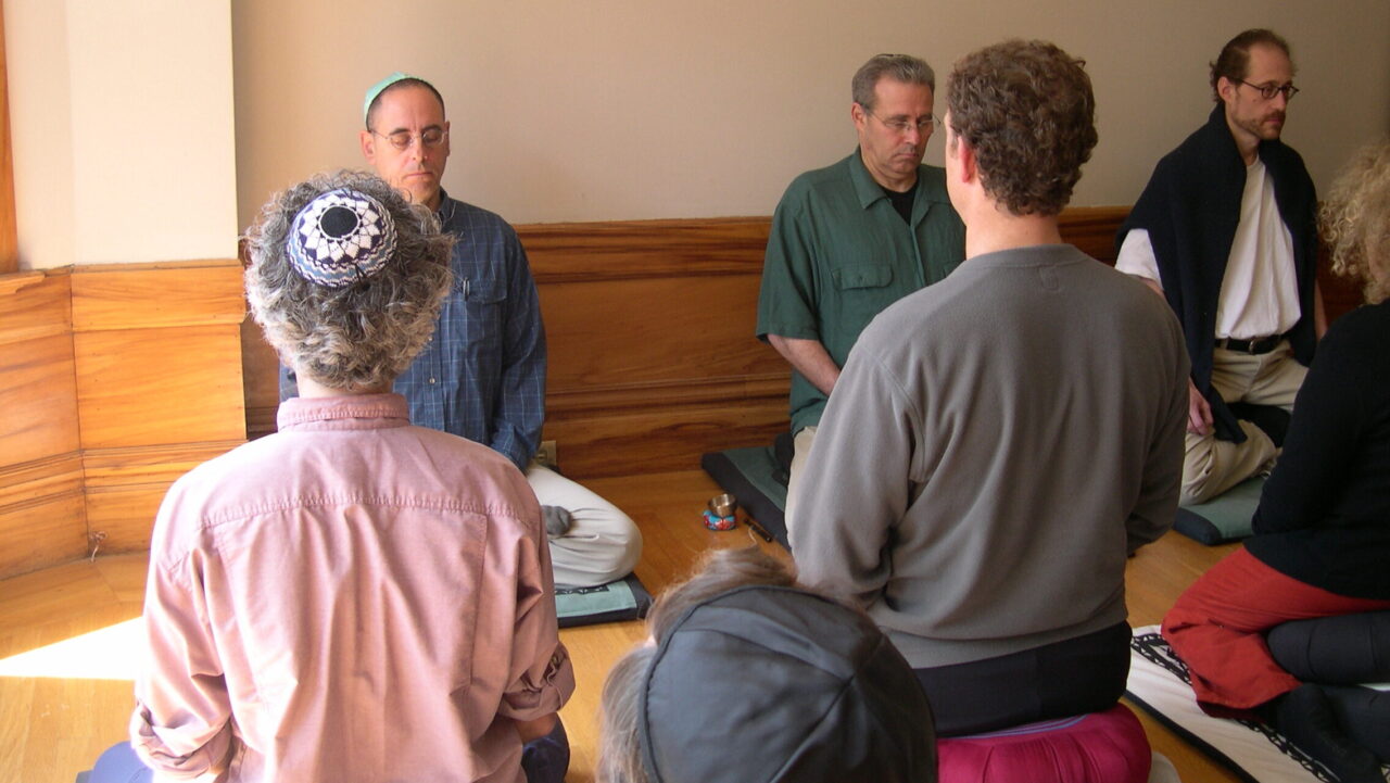 Norman Fischer (back, left) and Rabbi Alan Lew (back, center) meditate at an early Makor Or event. (Courtesy)