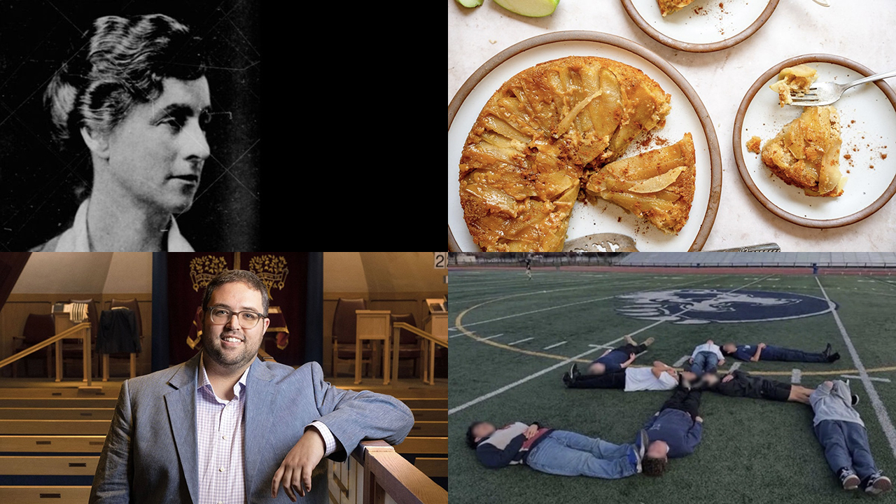 Clockwise from top left: Jessica B. Peixotto in 1923 (J. Archives); Gluten-Free Upside-Down Caramel Apple Cake (Micah Siva); a photo posted to social media of eight teens lying in the shape of a swastika on a football field; Rabbi Shua Brick in the sanctuary at Oakland's Beth Jacob Congregation. (Aaron Levy-Wolins/J. Staff)