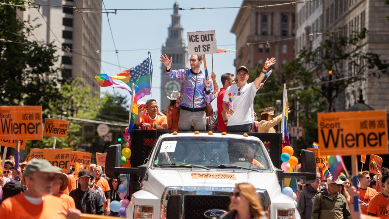 State Sen. Scott Wiener waves to the crowd during the San Francisco LGBTQ Pride Parade on June 29, 2025. (Aaron Levy-Wolins/J. Staff)