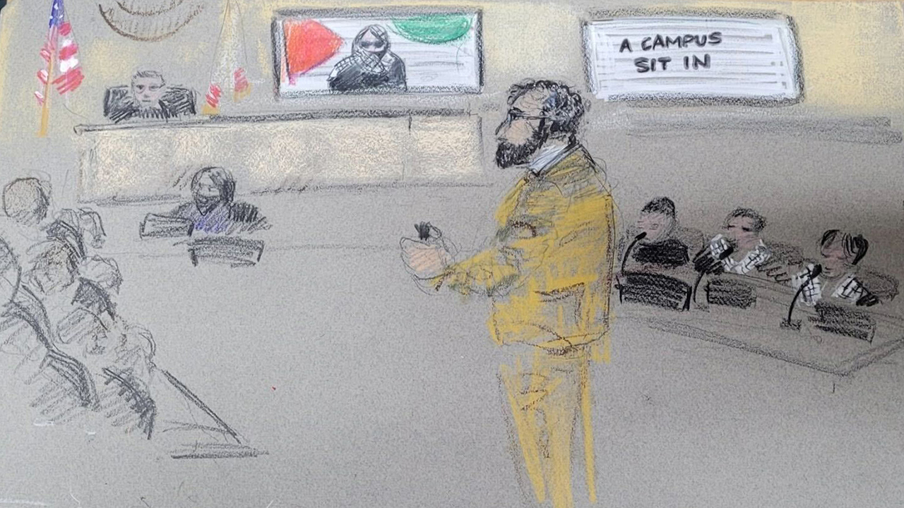 A court sketch shows Santa Clara County deputy public defender Avanindar Singh giving his opening statement to the jury, with three of the five defendants seated behind him, at the Hall of Justice in San Jose on Jan. 9, 2026. (Jane Sinense)