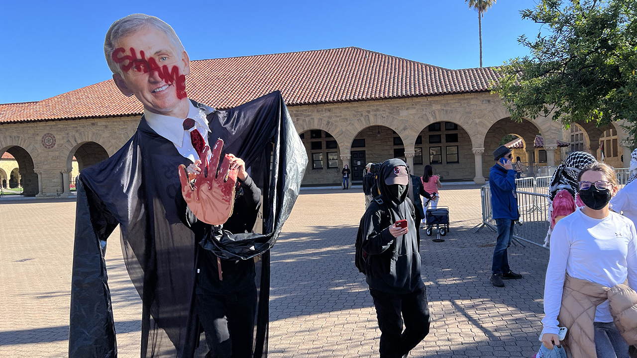 Effigy of then-interim Stanford University president Richard Saller on June 5, 2024, when protesters took over the university president's office. (Andrew Esensten/File Photo)