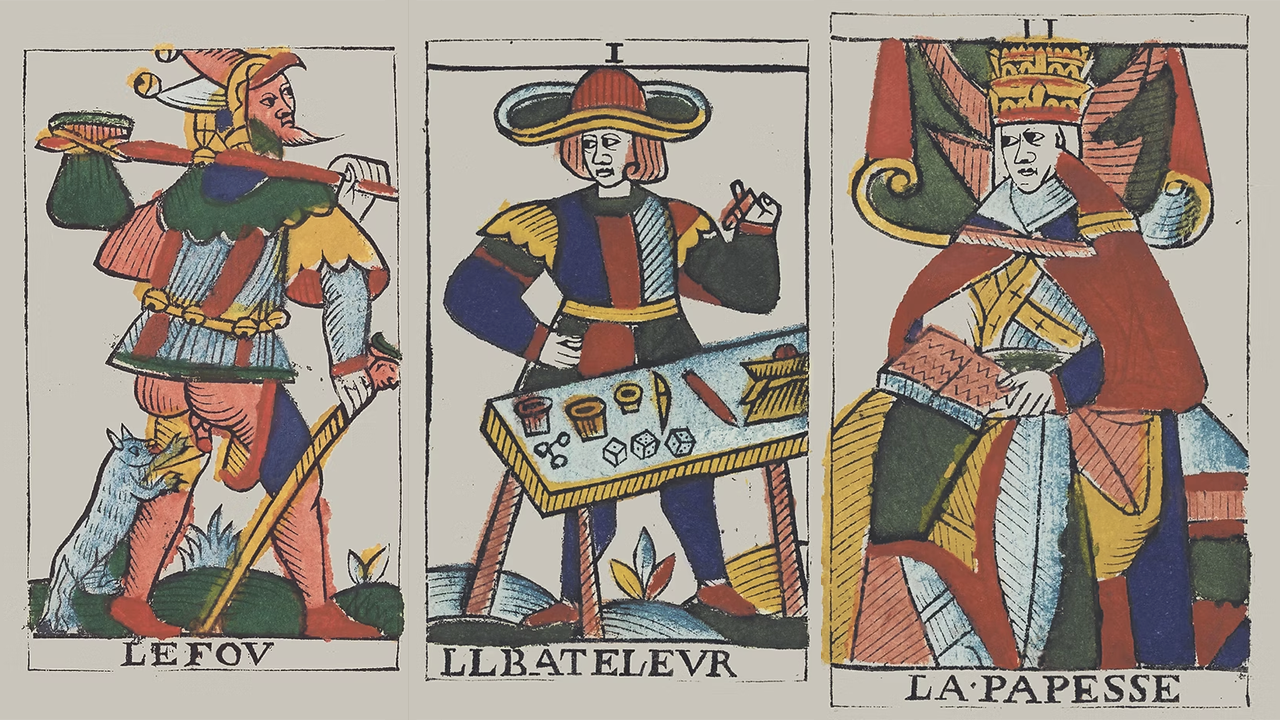 From left, the Fool, Magician and Popess cards from the 1650 Jean Noblet Tarot deck, which Stav Appel contends is full of hidden Jewish symbolism. (Courtesy)