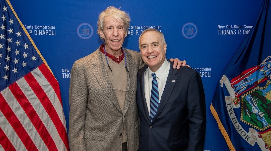 Jerome Lipman, left, the longtime publisher of the Long Island Jewish World, with New York State Comptroller Thomas DiNapoli, a longtime friend. (Via Facebook)