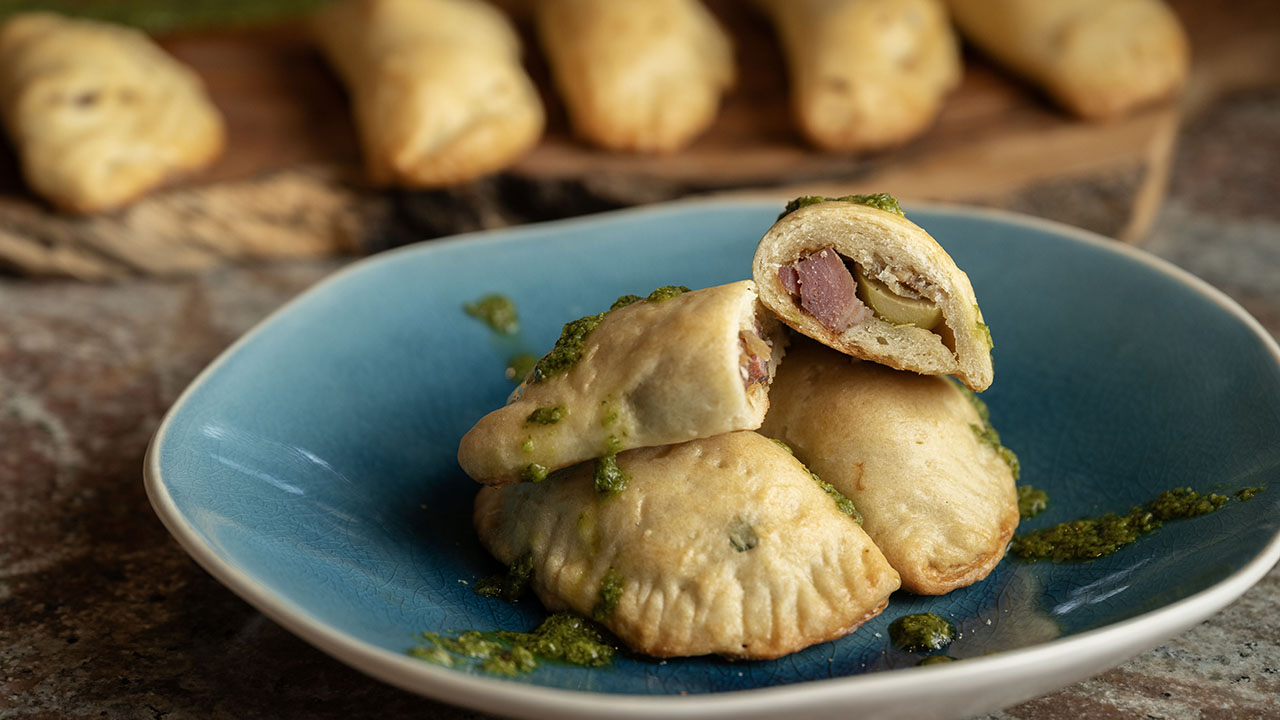 Faith Kramer’s Latino Jewish empanadas include cubed pastrami, carmelized onions and chopped olives. (Aaron Levy-Wolins/J. Staff)