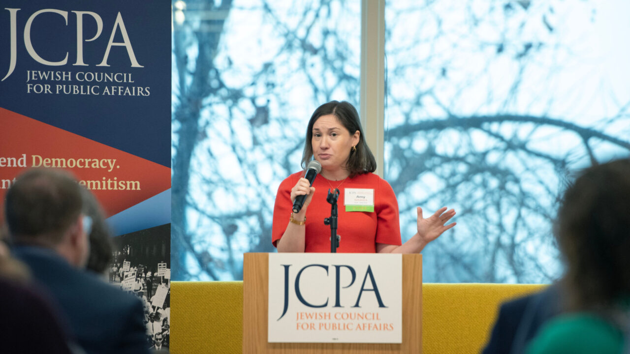 Amy Spitalnick, CEO of the Jewish Council for Public Affairs, speaks Feb. 18 at its West Coast summit in San Francisco. (Aaron Levy-Wolins/J. Staff)