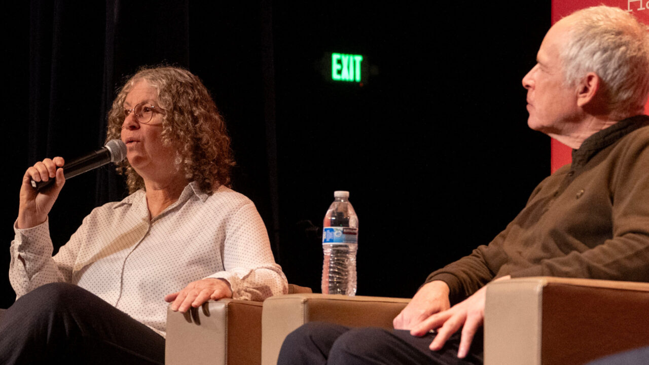 Aviva Siegel and Keith Siegel discuss their captivity in Gaza, during a Feb. 12 appearance at the Addison-Penzak JCC in Los Gatos. (Aaron Levy-Wolins/J. Staff)