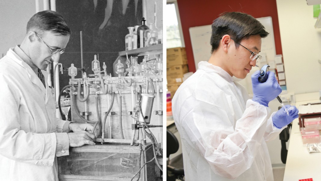 A scientist from 1920s and one from today. Both are wearing lab coats.