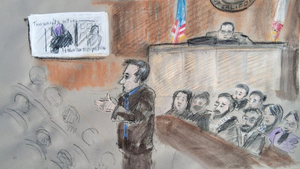 Deputy District Attorney Rob Baker presents his closing argument to the jury, with the defendants and their attornies behind him, as seen in this courtroom sketch at the Hall of Justice in San Jose, on Jan. 29. (Jane Sinense)