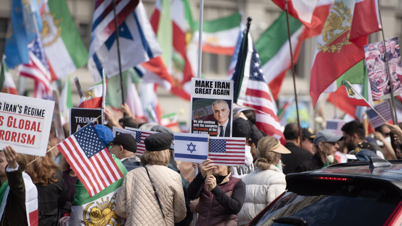 People celebrate during a rally over the killing of former Iranian Ayatollah Ali Khameini at Harry Bridges Plaza in San Francisco, March 1, 2026. (Aaron Levy-Wolins/J. Staff)