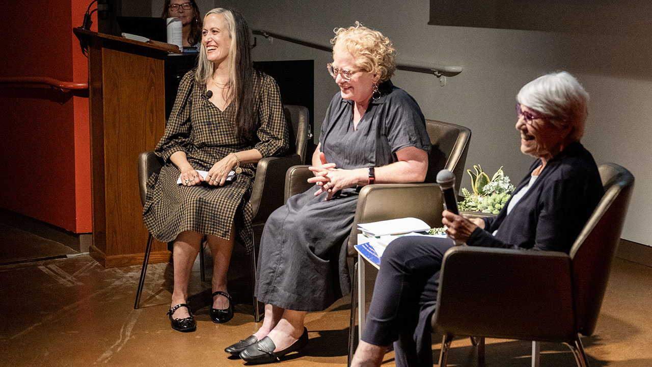 From left, J.’s Maya Mirsky interviews Lara Michels, head of archival processing at Cal's Bancroft Library, and Susan Morris, a former curator and executive director of the Judah L. Magnes Museum. (Aaron Levy-Wolins/J. Staff)