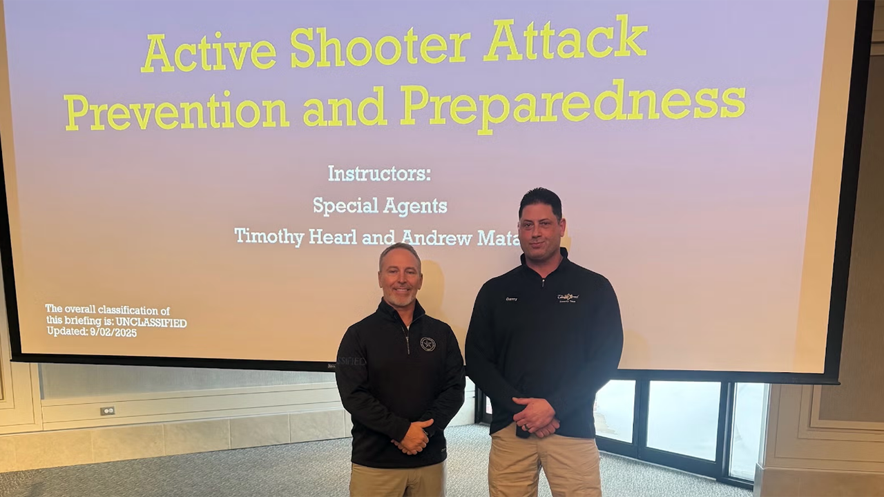 Timothy Hearl (left) of the FBI and Danny Phillips, head of security at Temple Israel in West Bloomfield, Michigan, pose during an on-site security training in January 2026. (Courtesy Jason Plotkin)