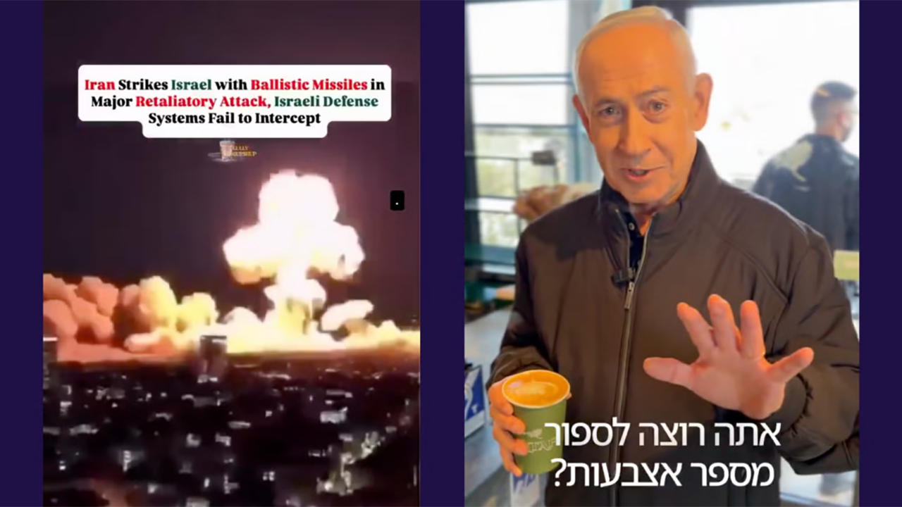 An AI-generated video falsely depicting missiles striking Tel Aviv alongside footage of Israeli Prime Minister Benjamin Netanyahu showing his hand to rebut online claims that he had died. (GPO/X)