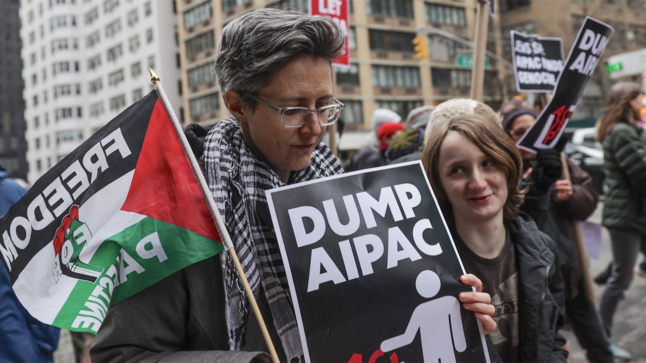 Pro-Palestinian demonstrators rally outside AIPAC headquarters and the offices of Sens. Chuck Schumer and Kirsten Gillibrand, who've both been endorsed by the group, in New York City, Feb. 22, 2024. (Selcuk Acar/Anadolu via Getty Images)