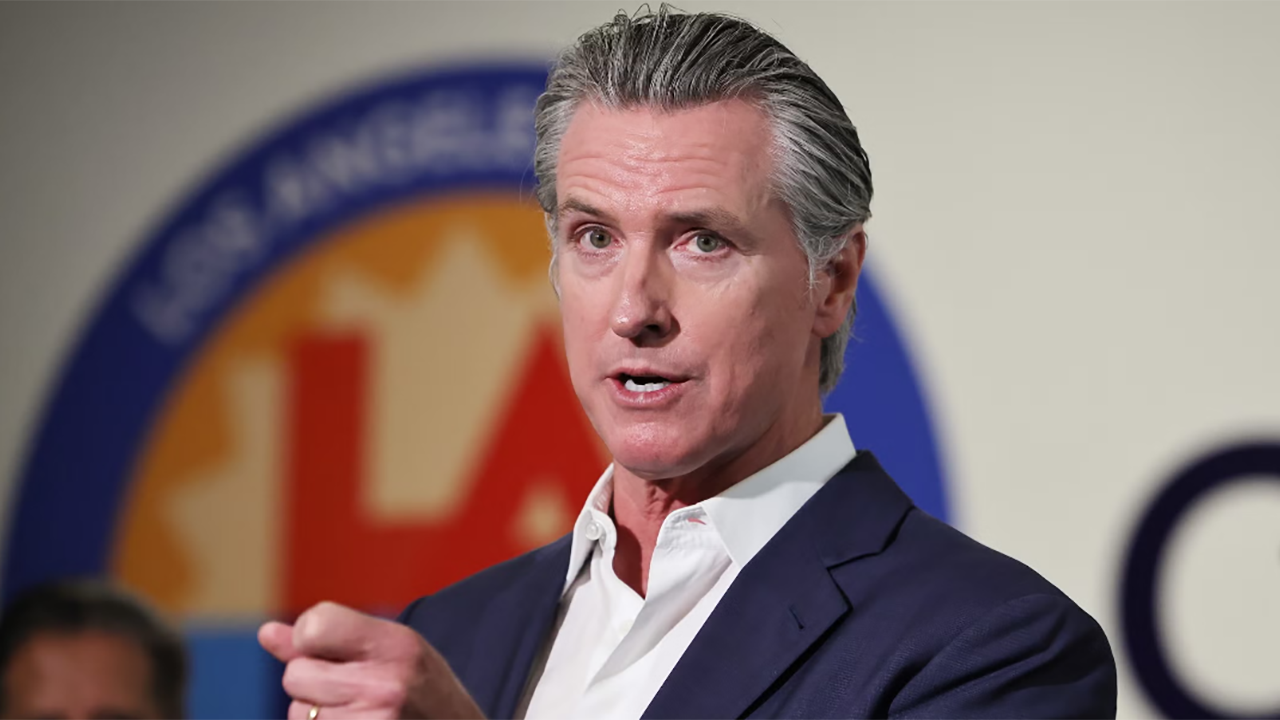California Governor Gavin Newsom speaks at Belvedere Middle School in Los Angeles on Oct. 8, 2025. Mario Tama/Getty Images)