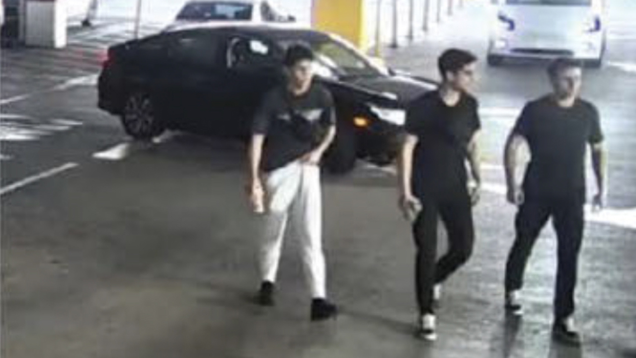 Security camera footage shows the three suspects, (from left) Ramon Akoyans, Bruneil Henry Chamaki and Roma Akoyans, in a parking garage in San Jose shortly before the assault of two Israeli Americans. (San Jose Police Department via Santa Clara District Attorney's Office)