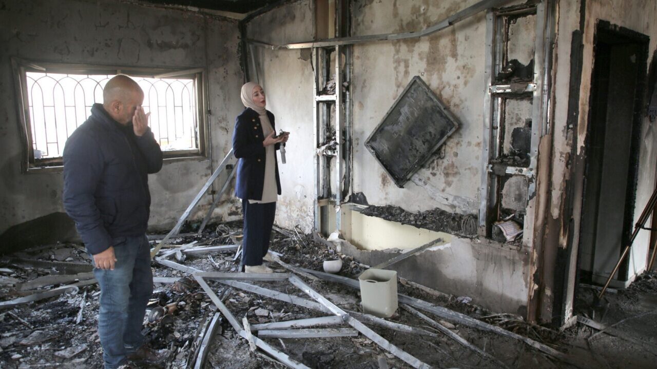 Palestinians inspect a burned-out house following an attack by Jewish settlers, in the West Bank, March 23, 2026. (Nasser Ishtayeh/SOPA Images/LightRocket via Getty Images)