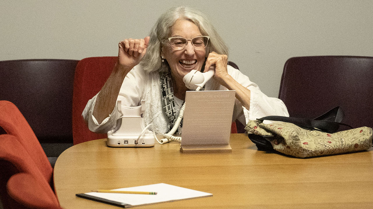 Ednah Beth Friedman records a story about her family during J.’s “History is Calling!” event on March 22 at the Magnes Collection of Jewish Art and Life in Berkeley. (Aaron Levy-Wolins/J. Staff)
