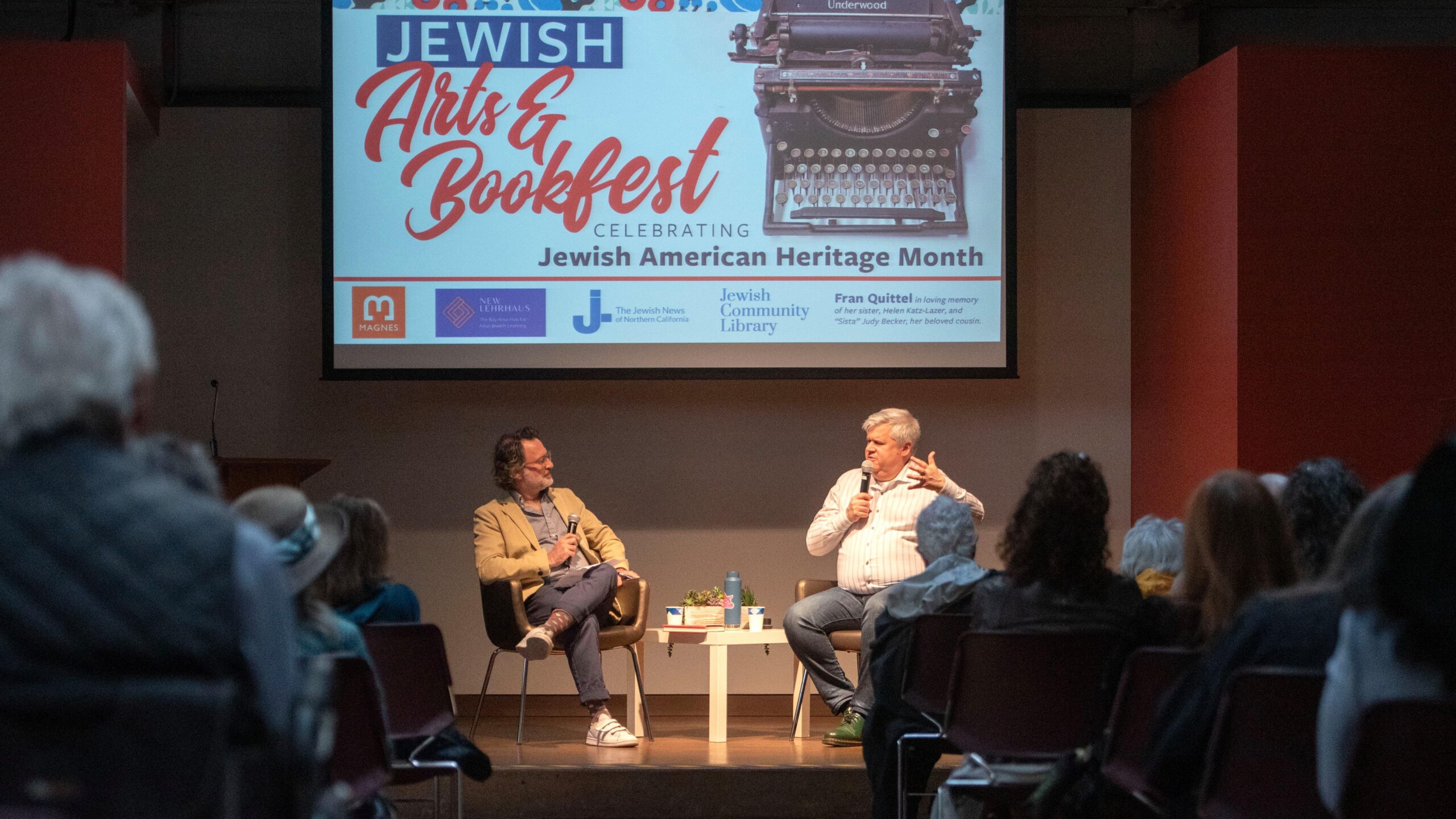 J.’s editor-at-large Chanan Tigay interviewing author Daniel Handler at the 2025 inaugural Magnes bookfest. (Aaron Levy-Wolins/J. Staff)