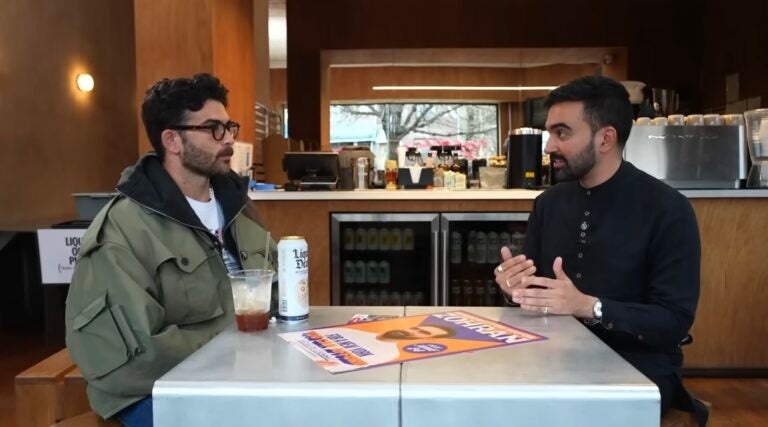 Twitch streamer Hasan Piker interviews Zohran Mamdani during his New York City mayoral campaign, April 7, 2025. (Screenshot via YouTube)