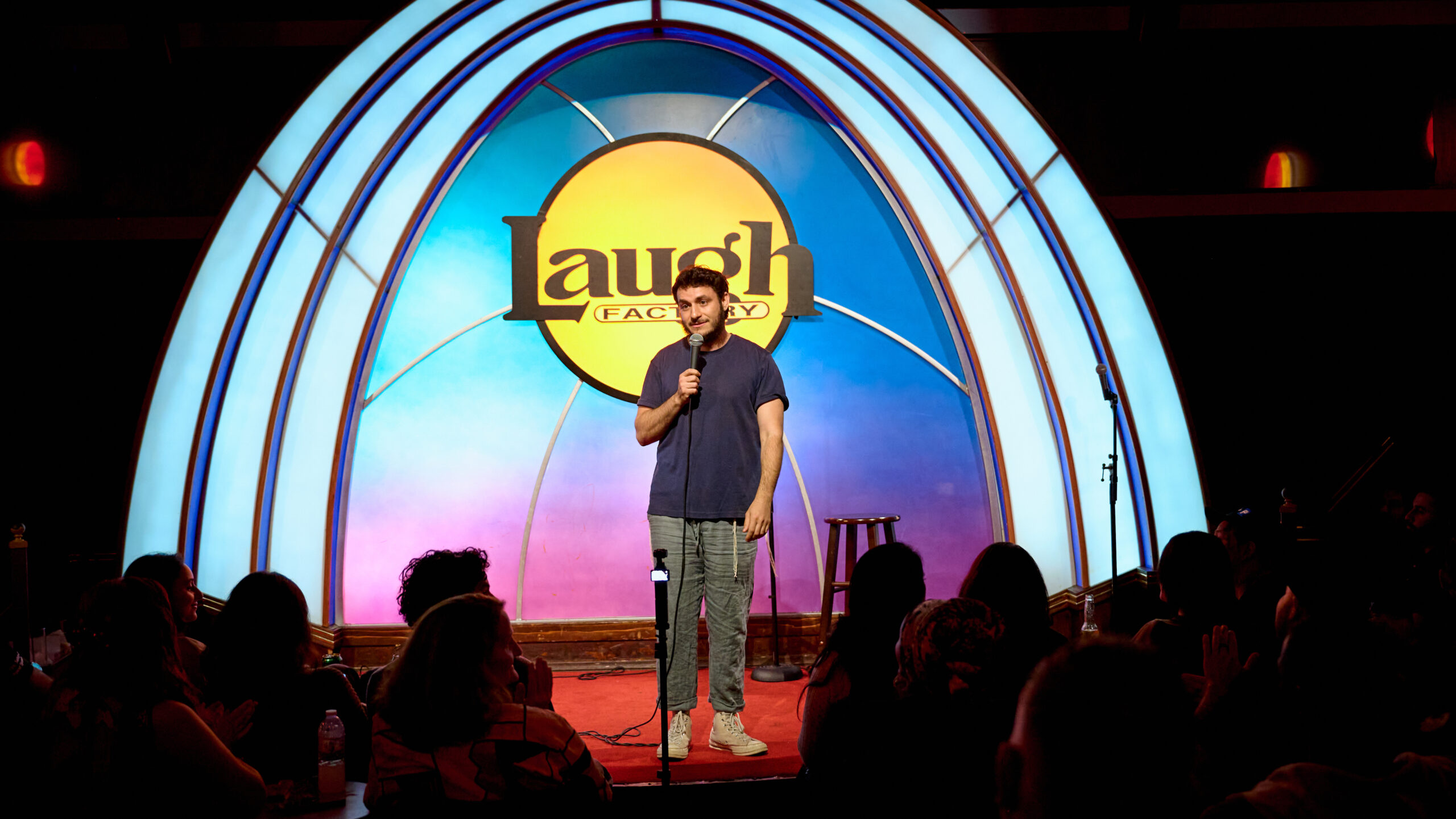 Menachem Silverstein on stage at the Laugh Factory. (Courtesy)