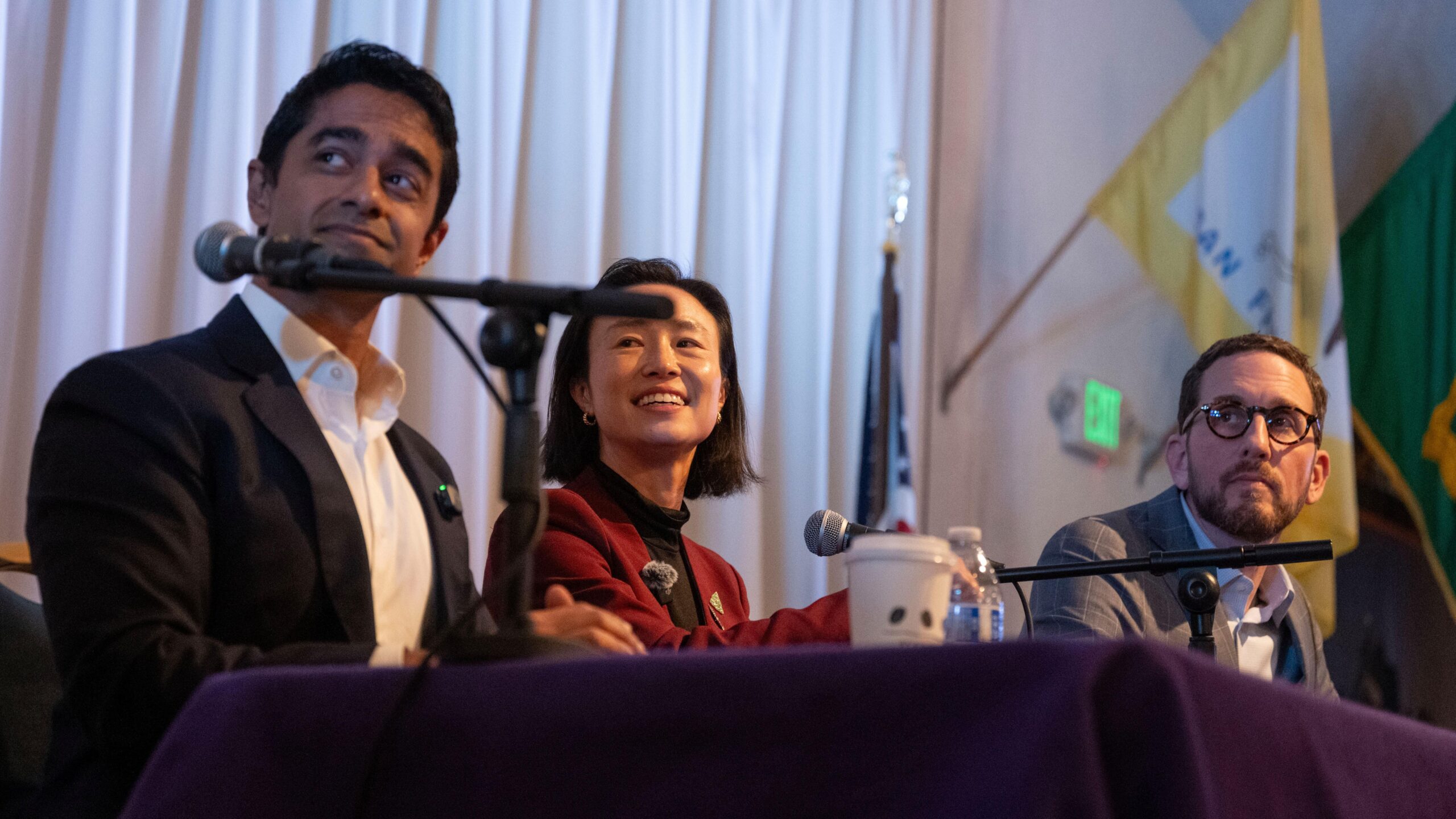 (From left) Saikat Chakrabarti, S.F. District 1 Supervisor Connie Chan and Calif. state Sen. Scott Wiener (D-S.F.) during the San Francisco Independent Media Coalition’s congressional candidate forum at the United Irish Cultural Center in San Francisco, April 15, 2026. (Aaron Levy-Wolins/J. Staff)