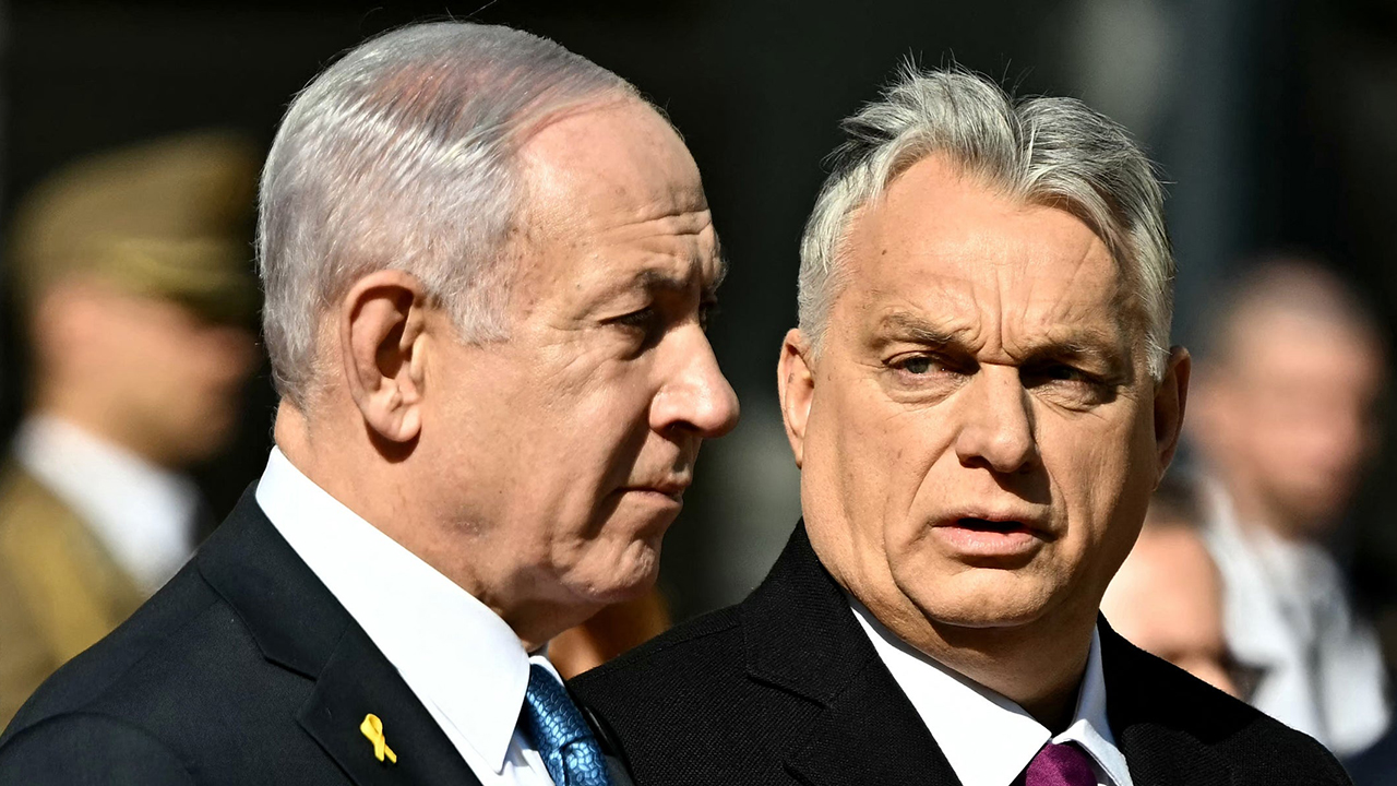 Hungary's Prime Minister Viktor Orban (right) and Israeli Prime Minister Benjamin Netanyahu review a military honor guard on April 3, 2025 in Budapest, Hungary. (Attila Kisbenedek/AFP)