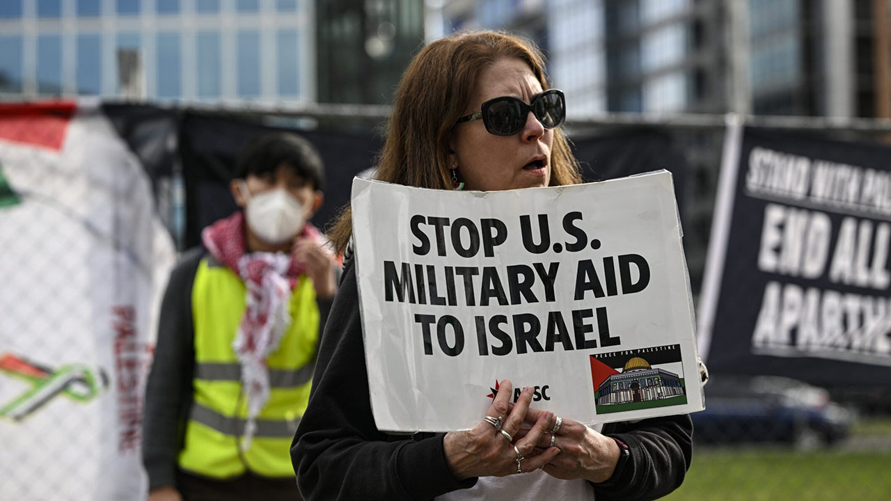 Protesters demonstrate outside the headquarters of AIPAC, the American Israel Public Affairs Committee in Washington, D.C., March 13, 2024. (Celal Gunes/Anadolu via Getty Images)