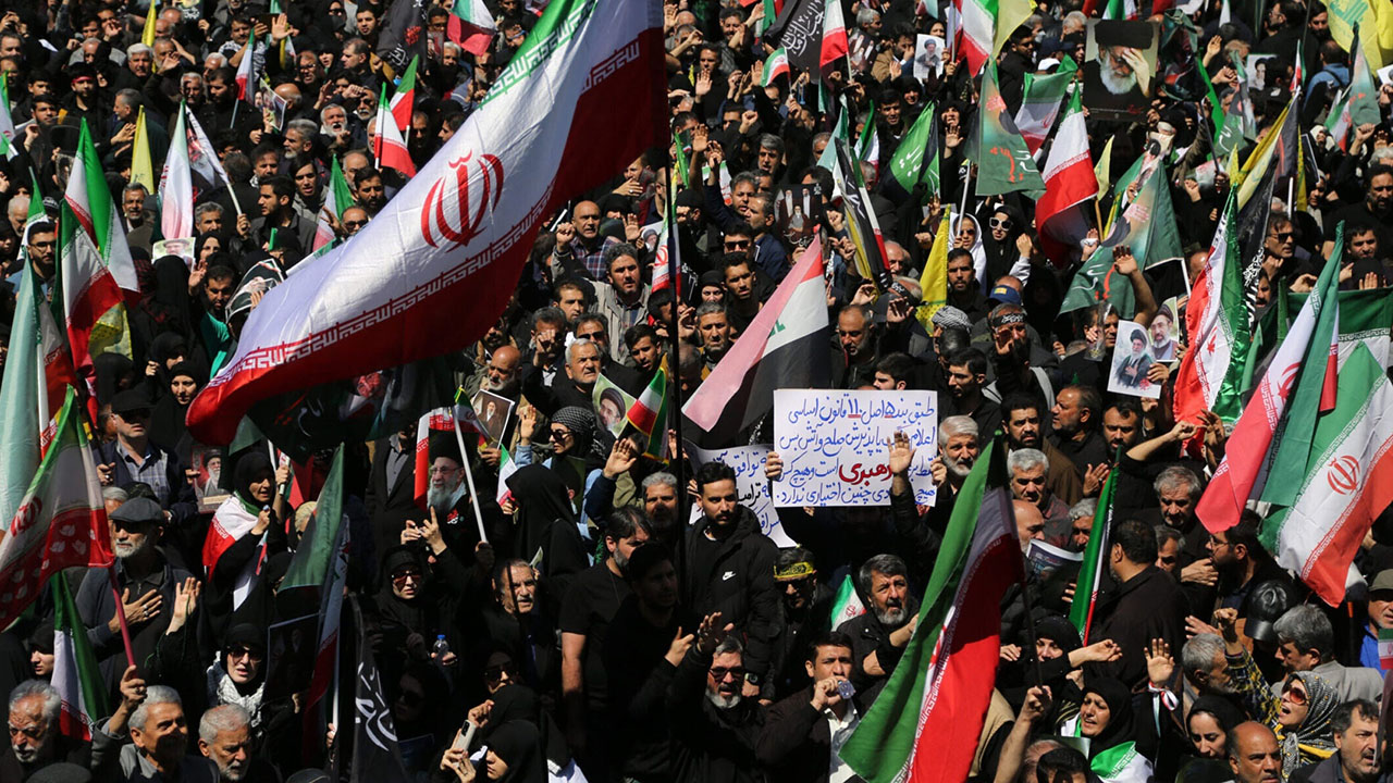 Pro-regime Iranians gather for a massive memorial march marking the 40th day following the death of the former supreme leader, Ayatollah Ali Khamenei, in Tehran, April 9, 2026. (Fatemeh Bahrami/Anadolu via Getty Images)