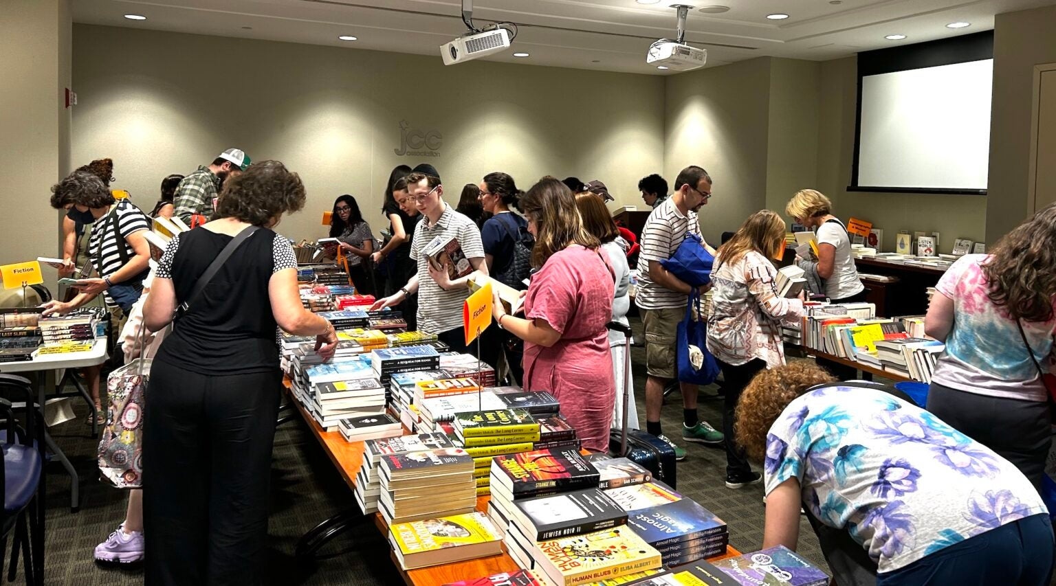 Jewish book lovers gather at the Jewish Book Council's offices in Manhattan, July 19, 2023. (Gabe Friedman)